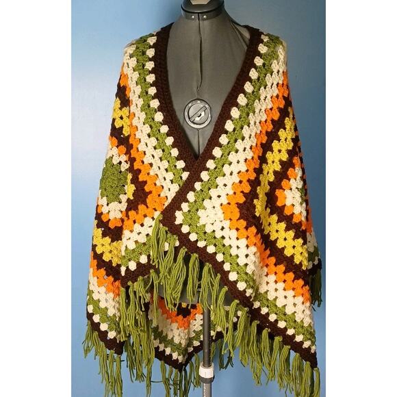 Handmade Accessories - Vintage Crocheted Handmade Shawl Wrap Green Orange Fringe 1970's Beautiful Nice